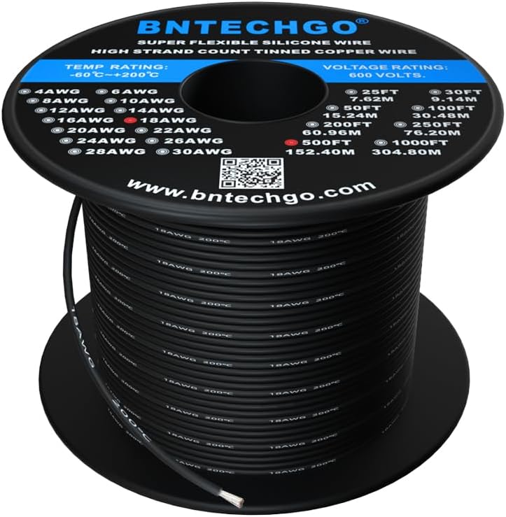 BNTECHGO 18 Gauge Silicone Wire Spool 500 ft Black Flexible