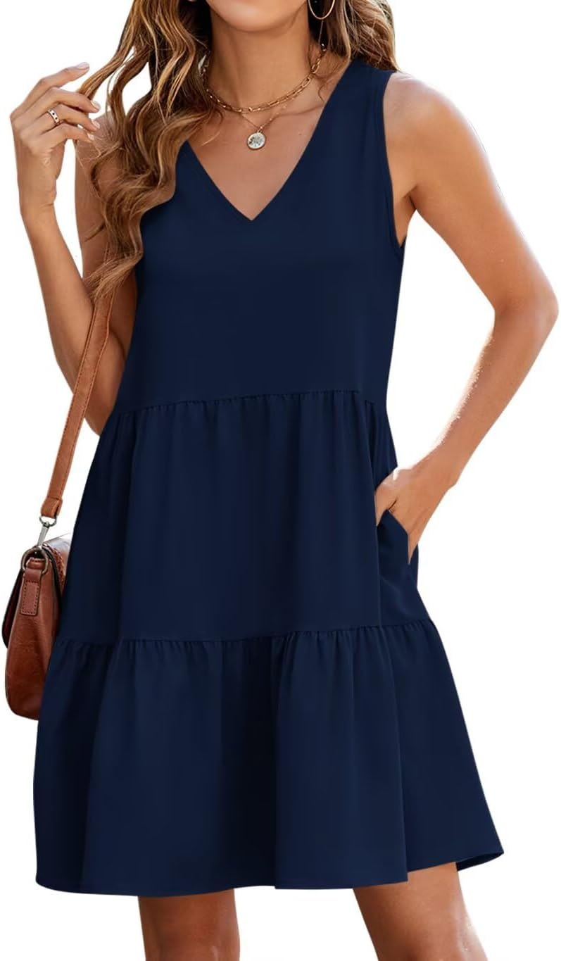 QACOHU Women's Summer Sleeveless V Neck Mini Dress with Pockets