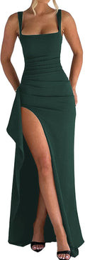 Women Formal Dresses Sleeveless Bodycon Ruched High Slit Maxi Dress at