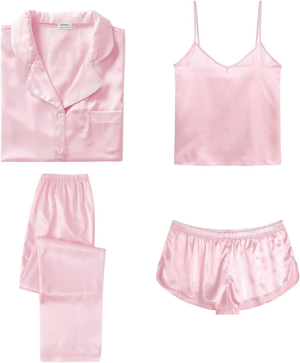 SWOMOG Womens Silk Satin Pajamas Set 4pcs Sleepwear Cami Shorts