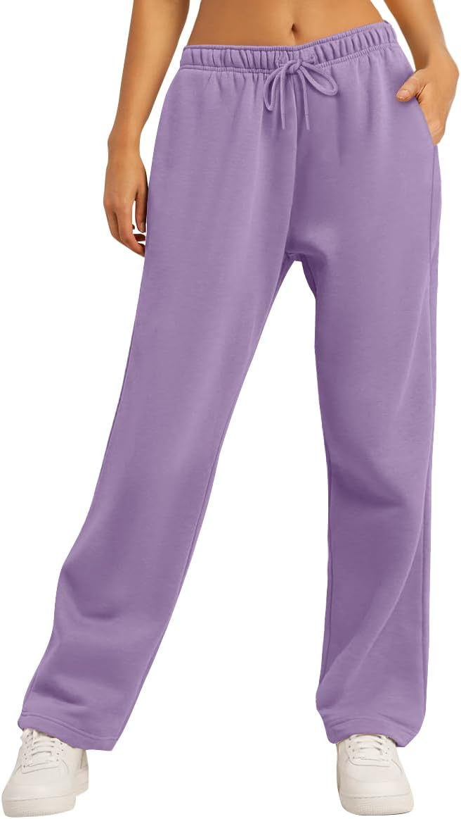 AUTOMET Women's Fleece Lined Wide Leg Sweatpants for Fall