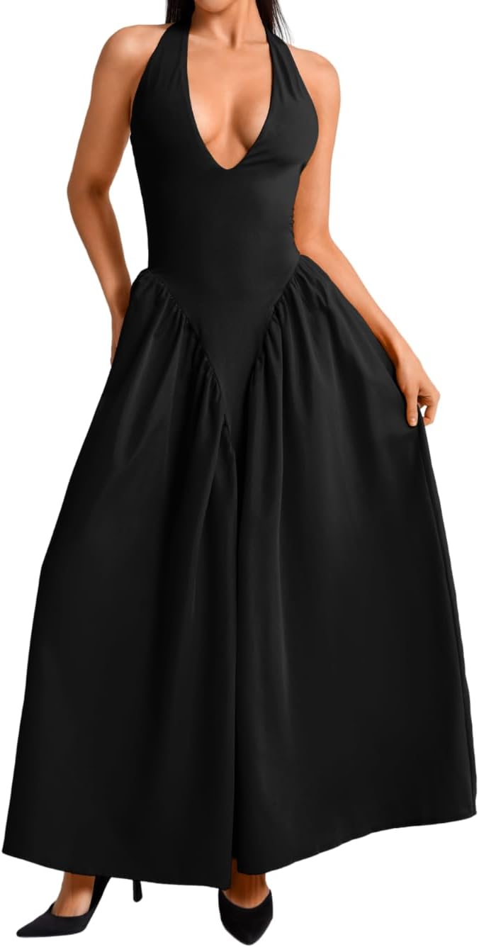 Deep V Neck Halter Maxi Dress for Vacation and Date Nights