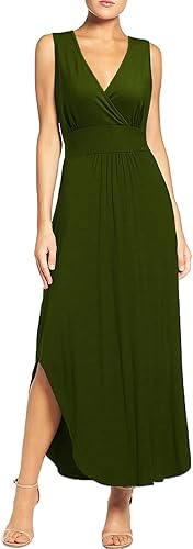 WOOSEA Women Sleeveless Deep V Neck Pocket Loose Long Dress