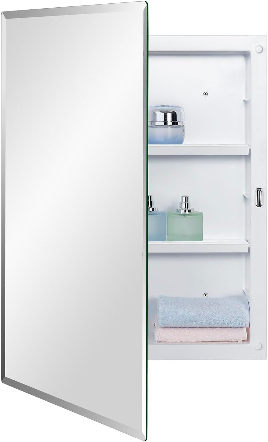 Plastic Bathroom Medicine Mirror Cabinet with Beveled Edge Design