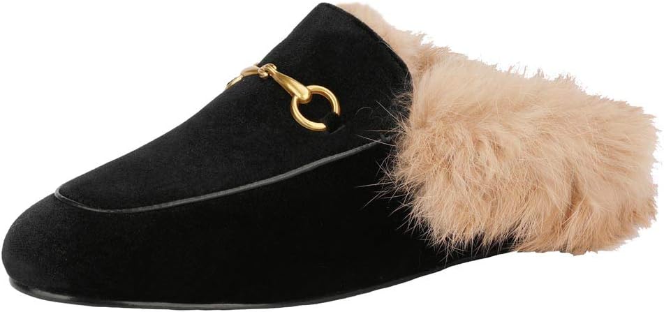 Arqa Fur Mules for Women - Comfortable Leather Buckle Flats