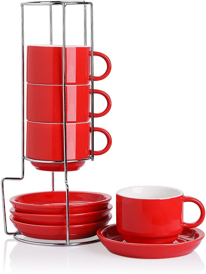 Sweejar Porcelain Cappuccino Cups Set with Saucers and Stand