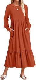 Women's Long Sleeve Pleated Tiered Midi Dress - Comfortable Casual Fit