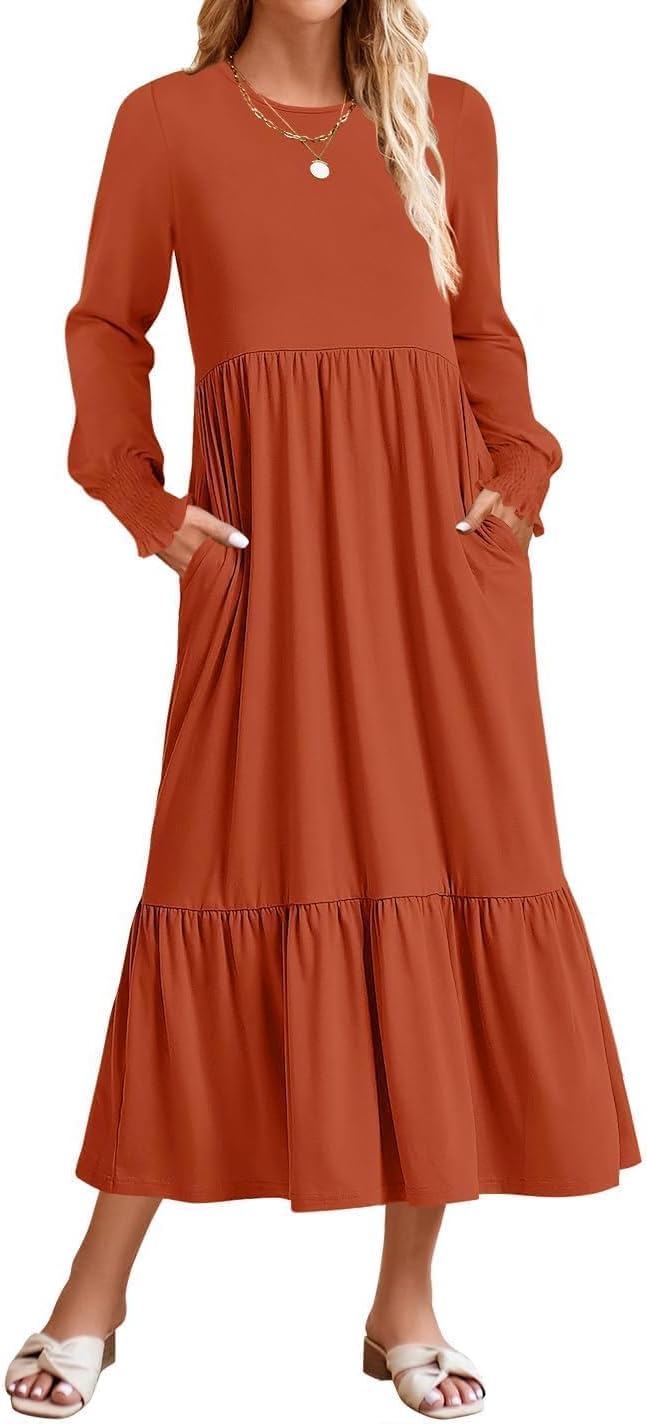 ZESICA Women's Fall Long Sleeve Casual Midi Dress with Pockets