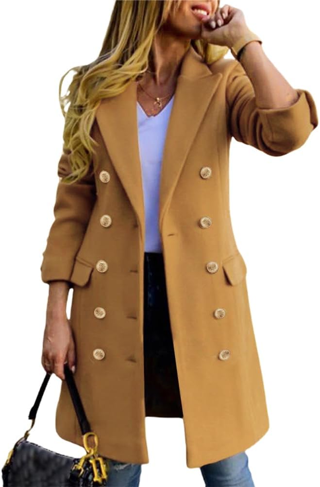 Womens Fall Winter Wool Coats Double Breasted Midi Peacoat