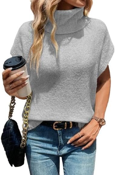 WDIRARA Women's Turtleneck Cap Sleeve Sweater Vest Pullover