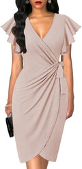 oten Womens Deep V Neck Ruffle Sleeve Sheath Dress - Faux Wrap Midi