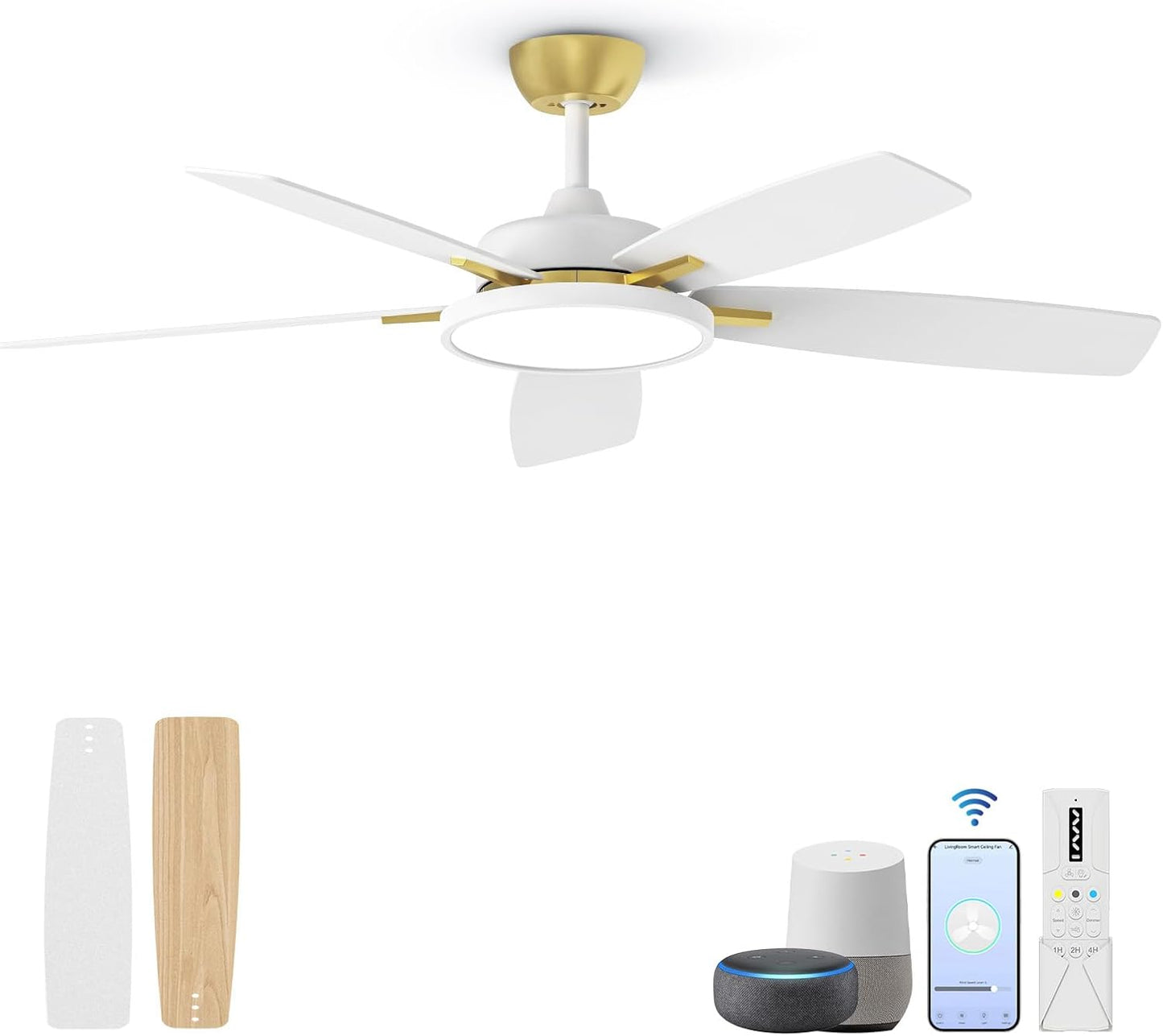 Roomratv 52 inch Smart Ceiling Fans with Dimmable LED Light