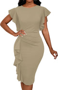 Womens Ruffle Sleeve Midi Church Dress - Bodycon Pencil Fit
