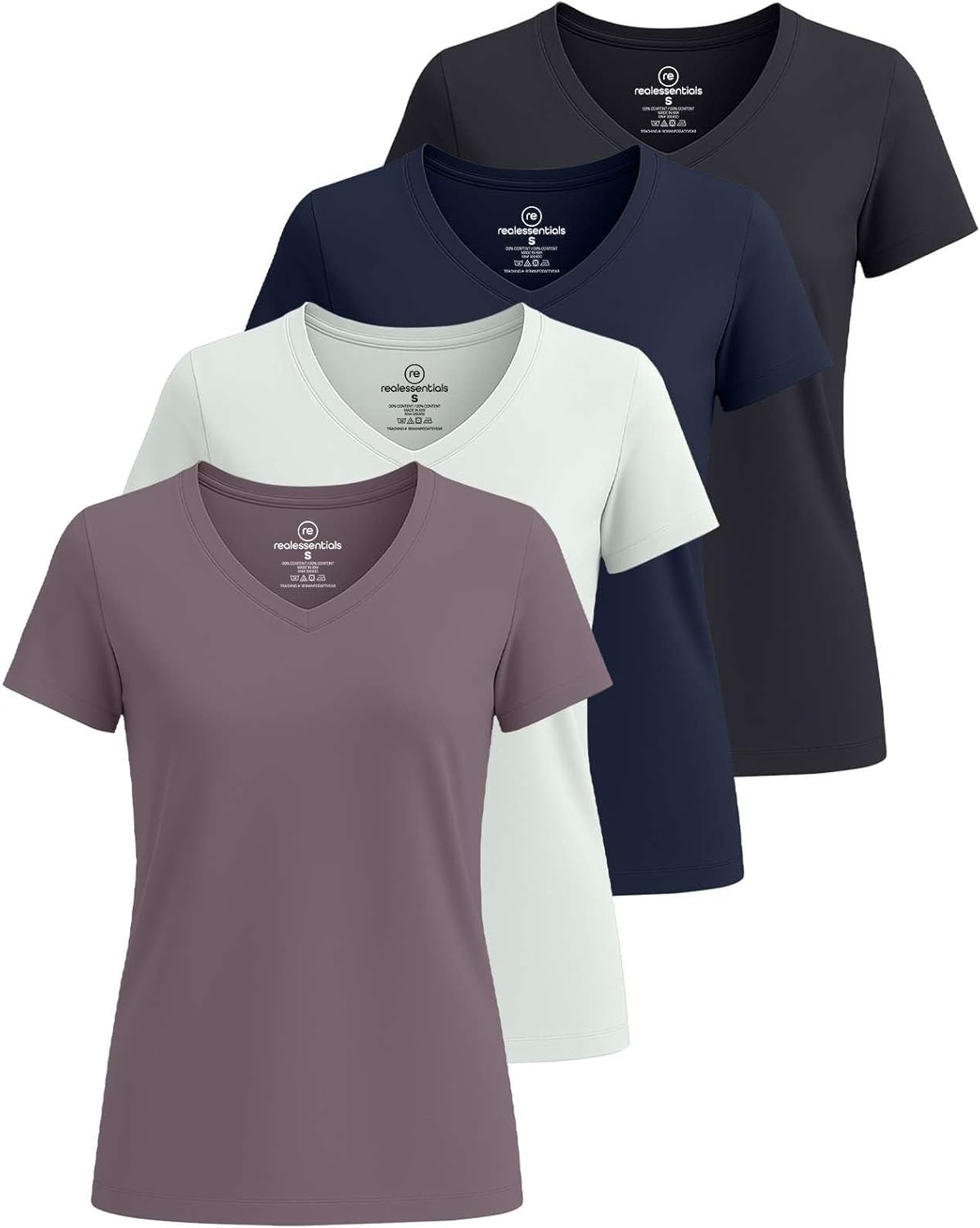 Real Essentials Women's Classic-Fit Cotton V-Neck T-Shirt 4 Pack