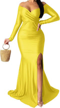 Women's Off Shoulder High Split Maxi Dress - Elegant V Neck Formal