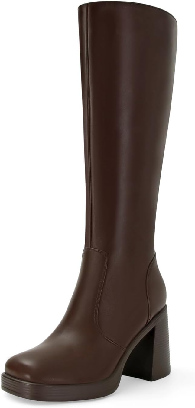 SOVANYOU Black Leather Platform Boots for Women with Chunky Heels