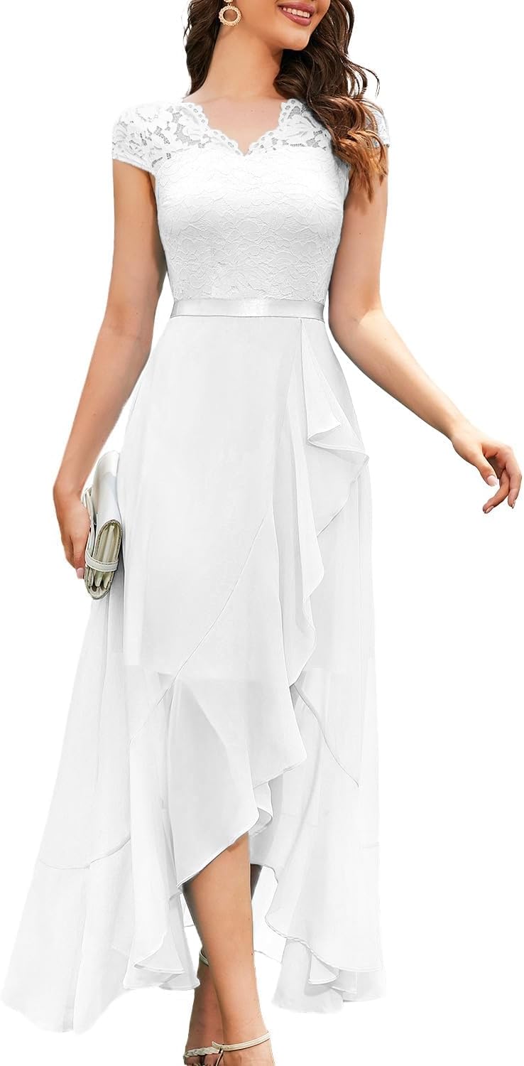 Elegant V-Neck Hi-Lo Floral Lace Dress for Wedding Guests