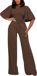 Womens Loose Short Sleeve Belted Wide Leg Pant Romper Jumpsuit Women's
