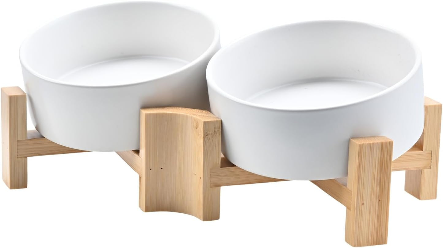 Slanted Ceramic Dog and Cat Bowl with Wooden Stand for Pets