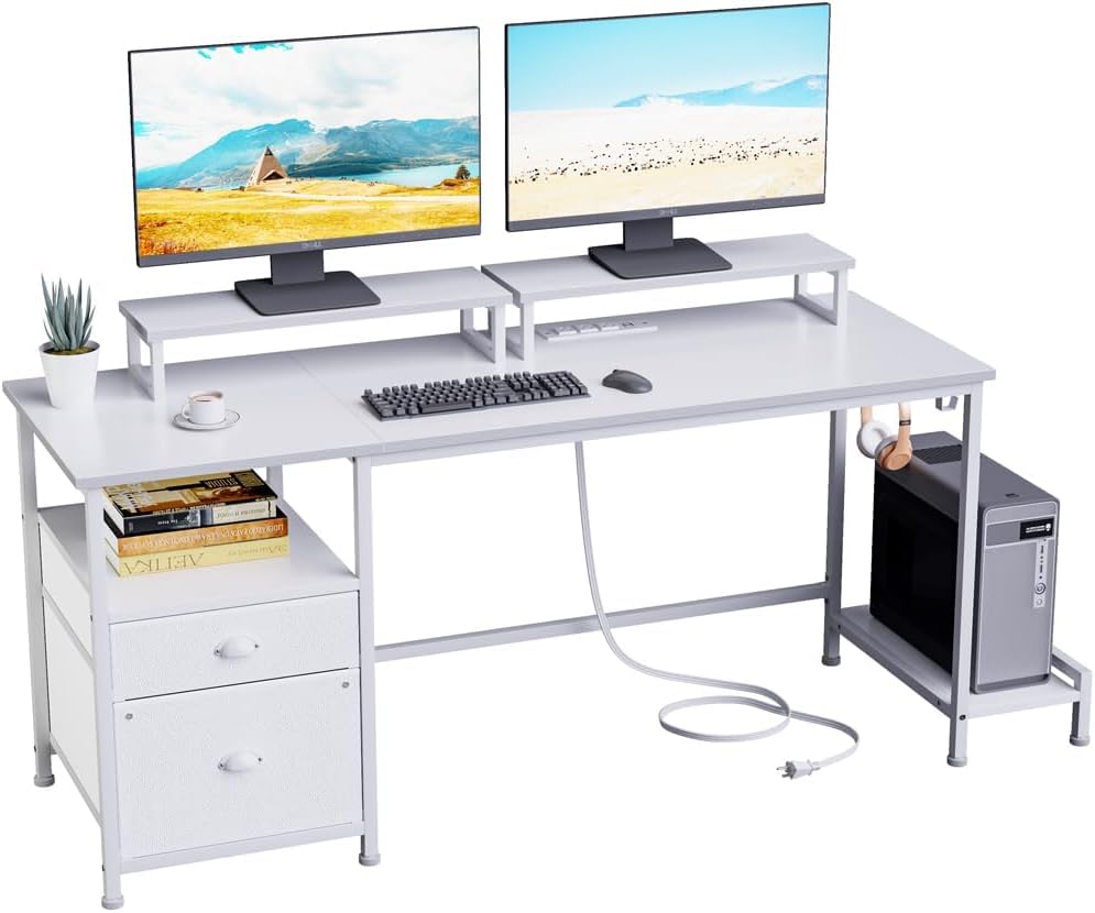 Furologee White Computer Desk with Power Outlets - Ultimate Gaming Setup