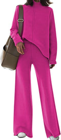 Women Knit 2-Piece Sweatsuit Set - Turtleneck Top and Wide Leg Pant
