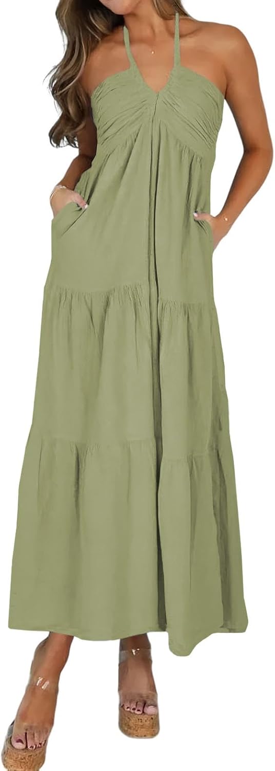 Women's Casual Halter Tiered Maxi Dress with Pockets for Summer