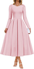 Women's Long Sleeve Midi Swing Dress - Elegant Crewneck A Line