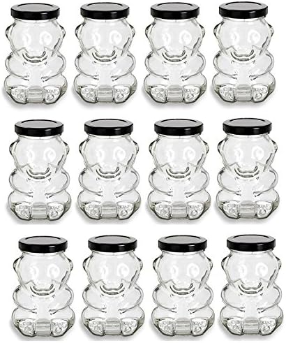 12 pcs 9 oz Glass Bear Jars with Black Lids for Honey and More