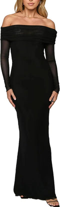 Off The Shoulder Bodycon Maxi Dress - Elegant Mesh Long Sleeve