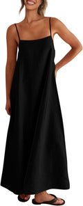 Linen Maxi Dress Contrast Spaghetti Strap Backless Slip Dress Jewelry