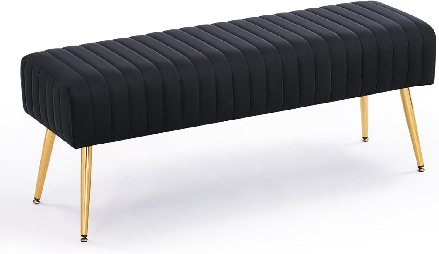 Stylish 44 Inch Black Upholstered Ottoman Bench with Gold Legs