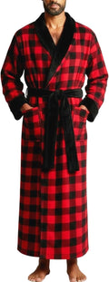Long Mens Robe Full Length Red Black Buffalo Check - Thick Plush