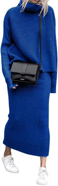 Turtleneck 2 Piece Ribbed Knit Sweater Midi Skirt Set - Versatile 0-2