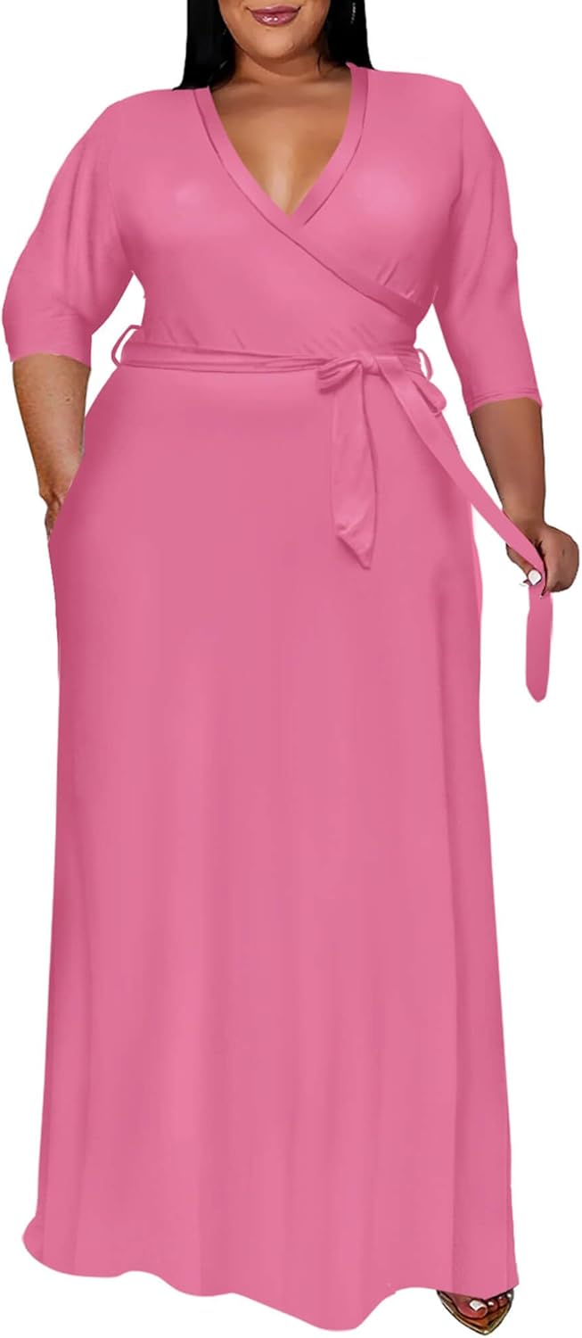 Runwind Plus Size Dress for Women - Elegant V Neck Maxi Style