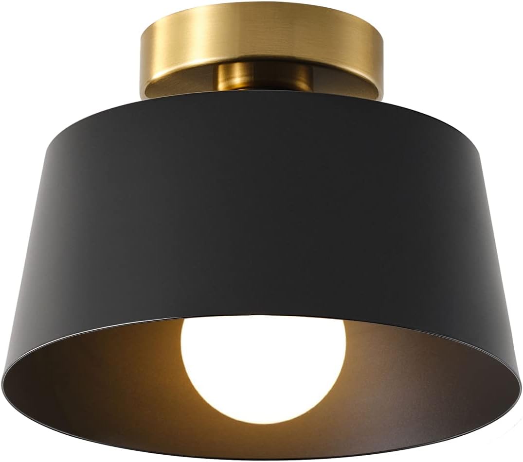 Ceiling Light Fixture with Gold Plate and Matte Black Shade