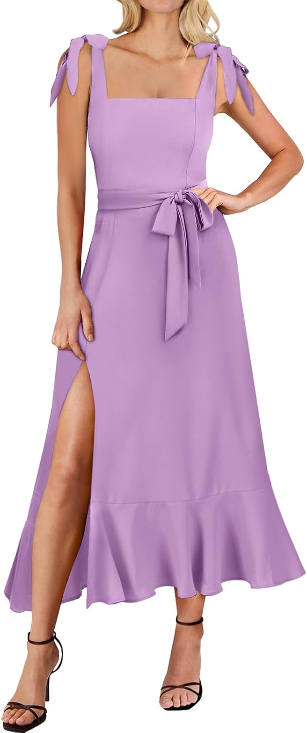 Elegant Women's Square Neck Ruffle Split Midi Dress for Events