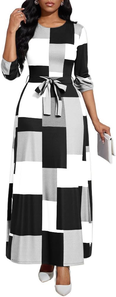Long Dress for Women Casual Long Sleeve Maxi Dress with Belt