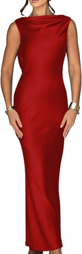 Memoriesea Satin Sleeveless High Neck Tie Maxi Dress - Elegant Fit