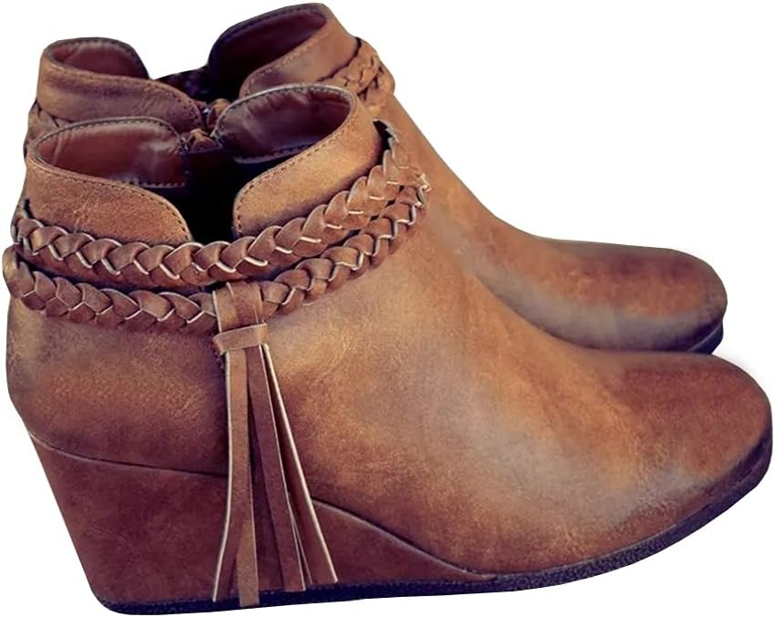 Womens Wedge Ankle Boots with Braided Fringe for Fall Style