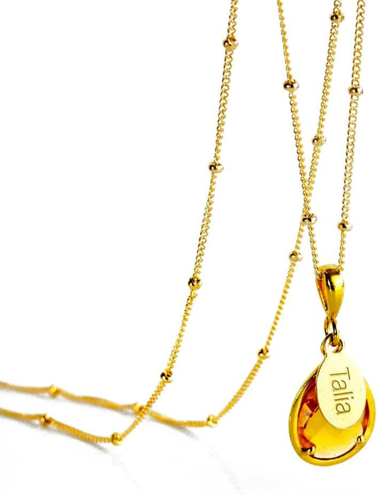 Personalized Birthstone Necklace with Engraved Name Tag Option