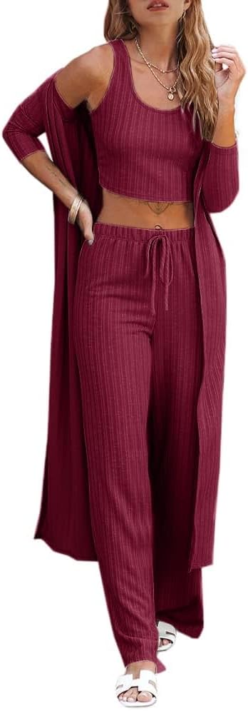 Womens 3 Piece Lounge Sets Pajamas Knit Long Sleeve Cardigan
