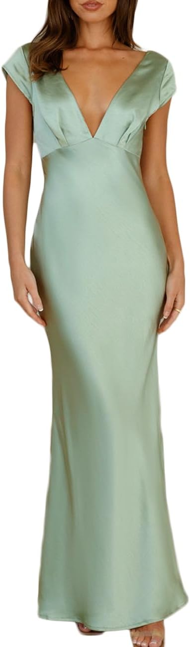 Halfisland Womens Summer Satin V Neck Cap Sleeve Maxi Dress
