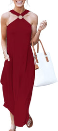 Women Summer Halter Neck Sundress - Flowy Casual Maxi with Pockets