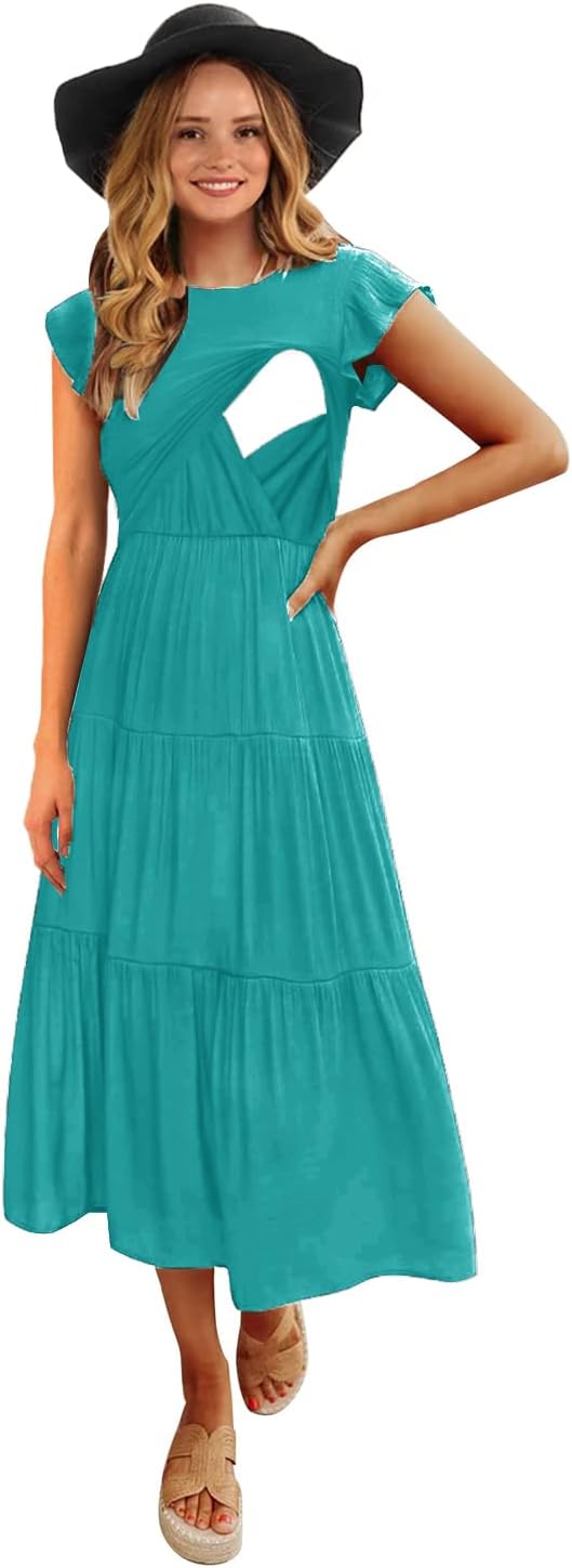 Womens Flutter Short Sleeve Smocked Tiered Nursing Dress Review