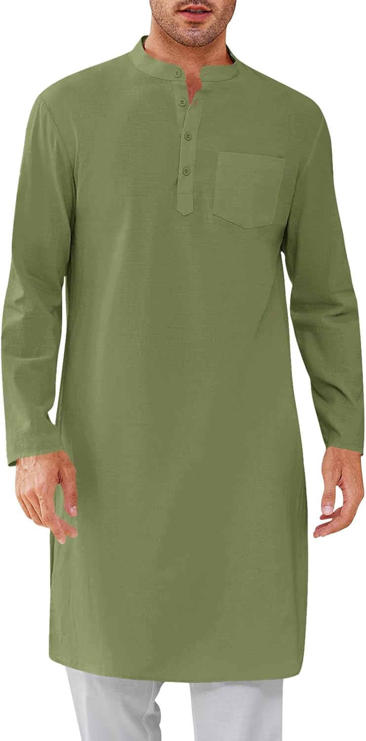 Gafeng Mens Kaftan Robe Button Down Long Sleeve Cotton Thobe