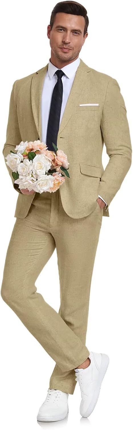 Men's Linen Suit 2 Piece Slim Fit for Summer Beach Weddings