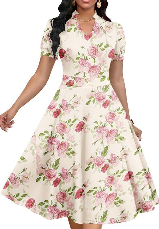 Womens Short Puff Sleeve V Neck Casual Semi-Formal Dress