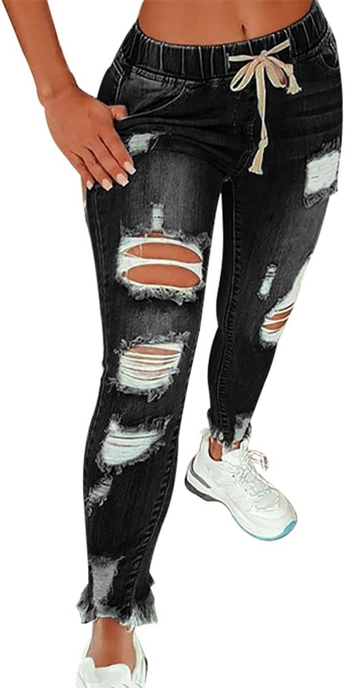 KUNMI Women High Waist Skinny Stretch Ripped Jeans for Comfort