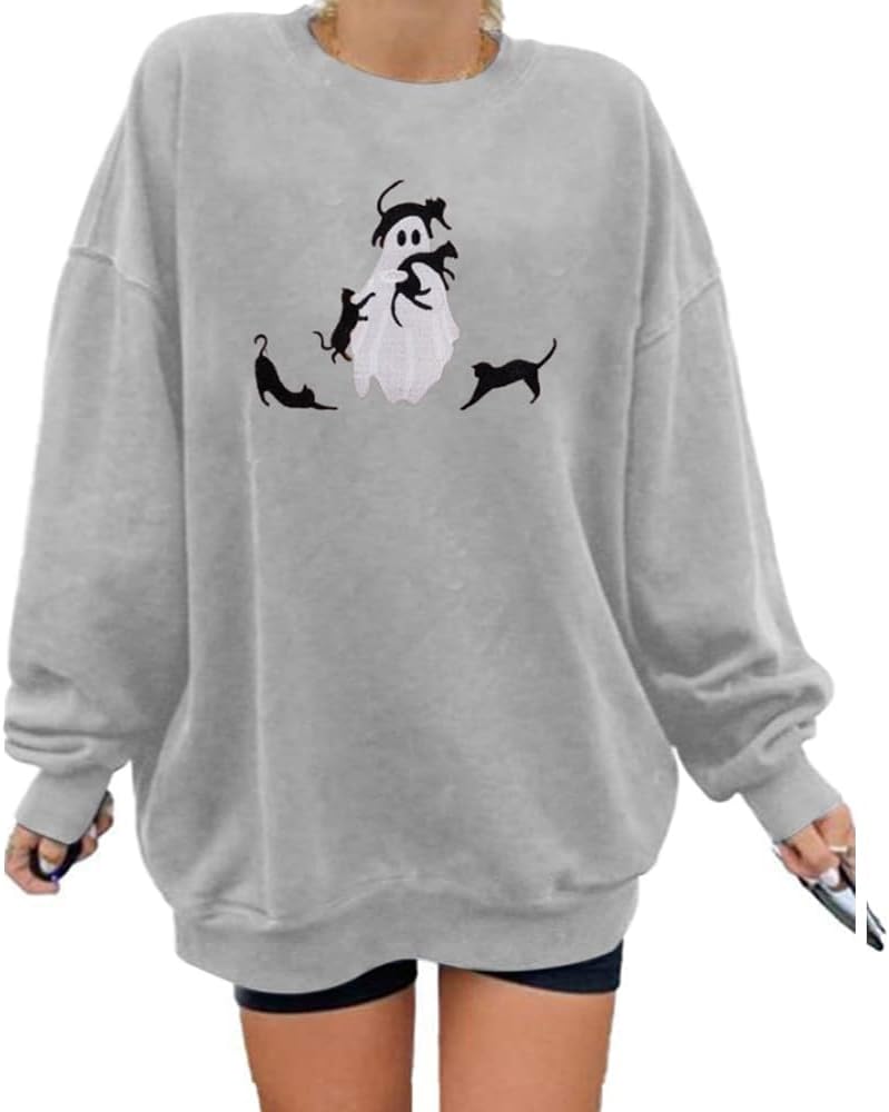 Halloween Spooky Season Sweatshirt Women: Cute Ghost Cats Top