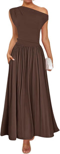 Women's One Shoulder Sleeveless Maxi Dress - Pleated with Pockets
